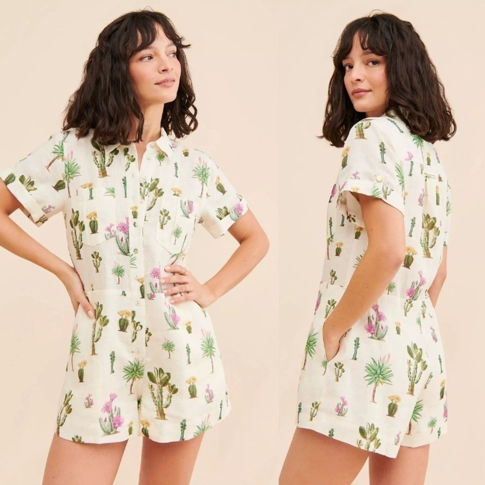 KIVARI Saguero Printed Playsuit Linen Utility Romper Desert Cactus Print Size 4 - Picture 2 of 8